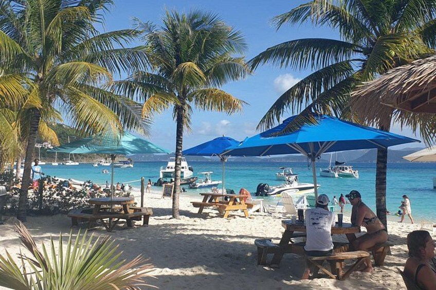 A beach with palm trees, picnic tables, and boats in the water. 3