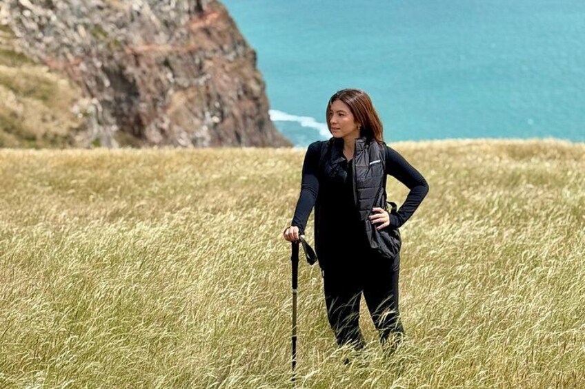 A person hiking in a grassy field with a rocky cliff and ocean in the background. 4