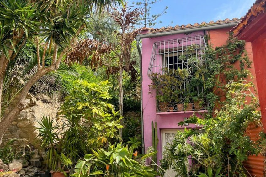 Un bâtiment rose doté d’un balcon, entouré d’une végétation tropicale luxuriante. 4