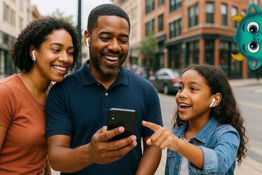 A family of three looking at a smartphone. 4