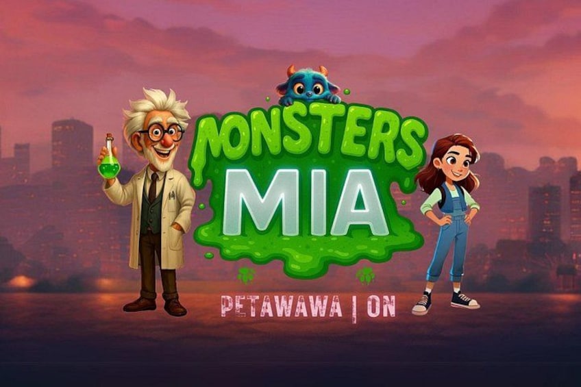 A promotional poster for 'Monsters, Mia' with a cityscape background. 3