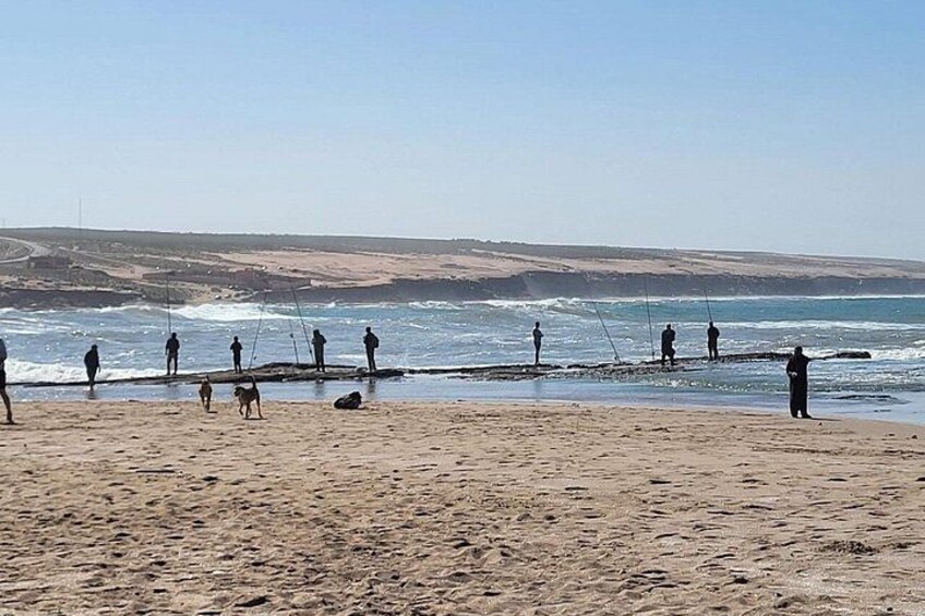 En strand med folk der fisker og en hund i sandet. 3