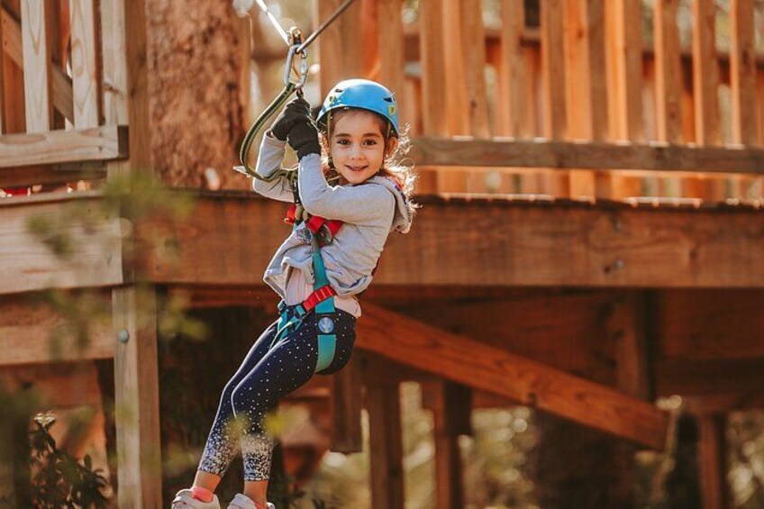 A person zip-lining with safety gear, wooden structures, and a tree in the background. 3