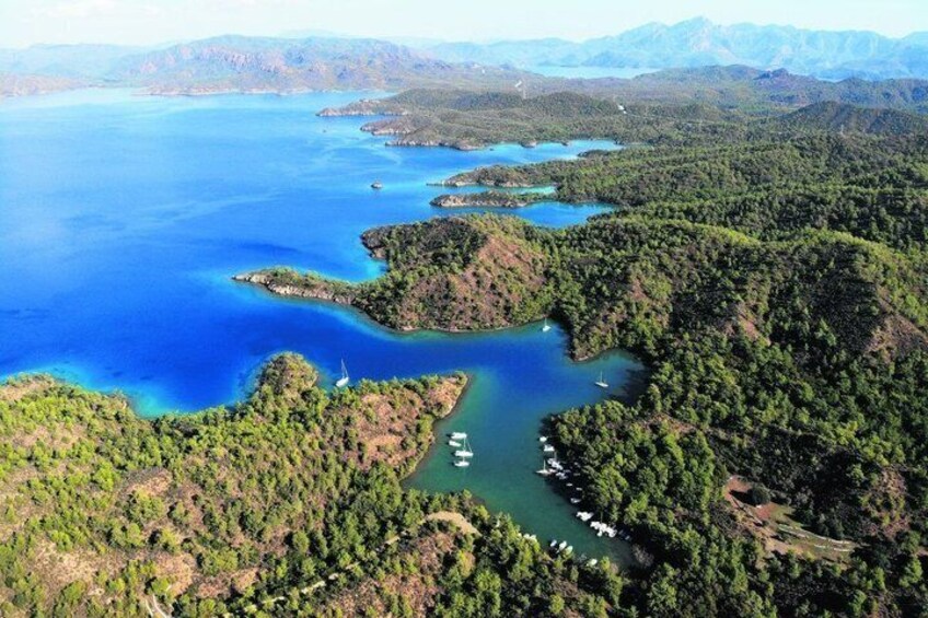 A coastal landscape with a large body of water, surrounded by dense forest and small islands. 4