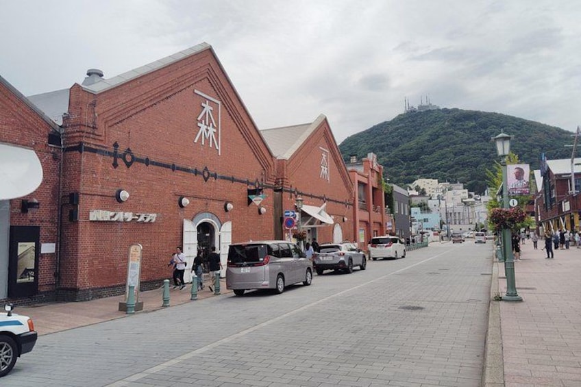 A street with brick buildings, cars, and a hilly background. 2