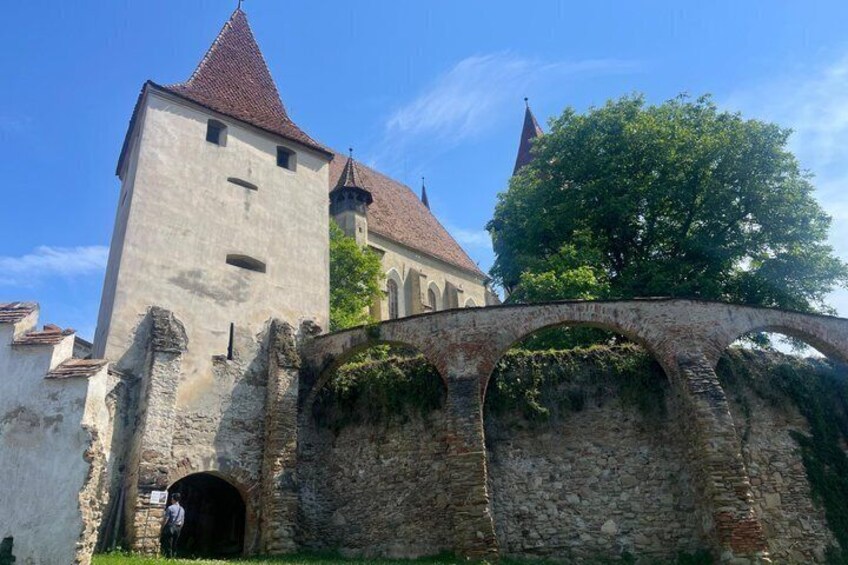 Eine historische Steinbrücke mit Bögen, ein Turm mit Kegeldach und ein Baum im Hintergrund. 5