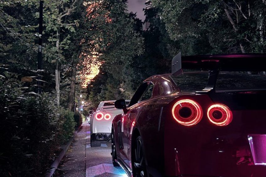 A red sports car with a rear spoiler parked on a tree-lined street at night. 2