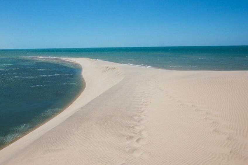Une plage de sable où l’on peut voir des empreintes de pas qui mènent à l’eau. 2