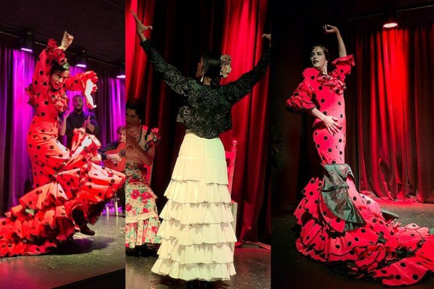 A stage with performers in red and white dresses, a red curtain backdrop, and a spotlight. 3