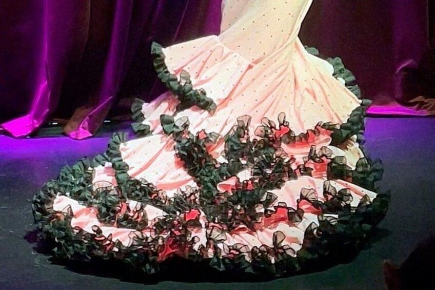 A stage with a performer in a pink and black dress with ruffled details. 2