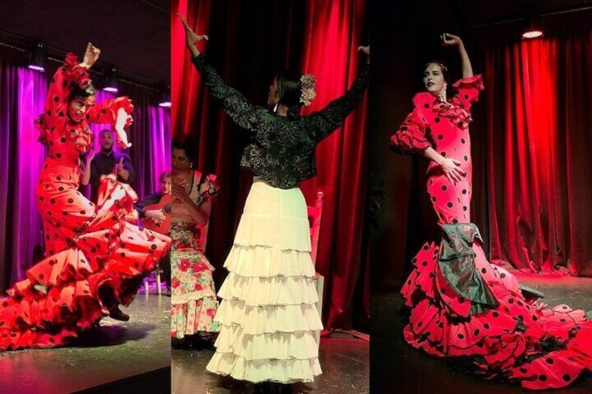 A dance performance with dancers in red and white dresses on a stage with red curtains. 2