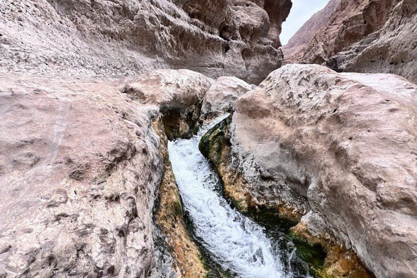 Eine schmale Schlucht mit einem fließenden Bach. 5