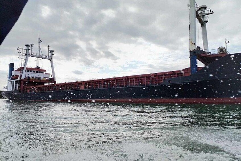 A large cargo ship on water with a cloudy sky. 4