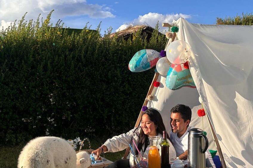 A tent with balloons, a picnic table with drinks, and a person holding a camera. 4