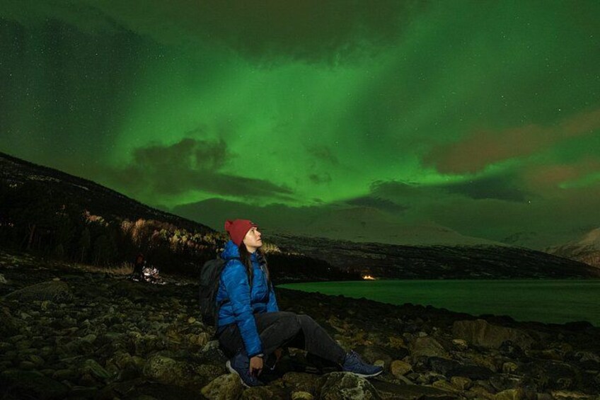 A person sitting on rocks under a green aurora display. 2