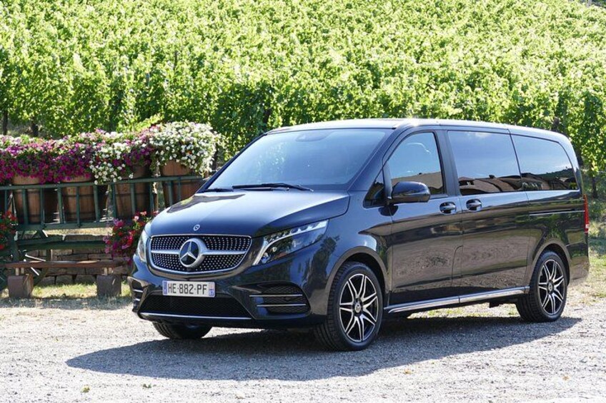 A black Mercedes-Benz van parked on a gravel surface with a green hedge and flowers in the background. 3