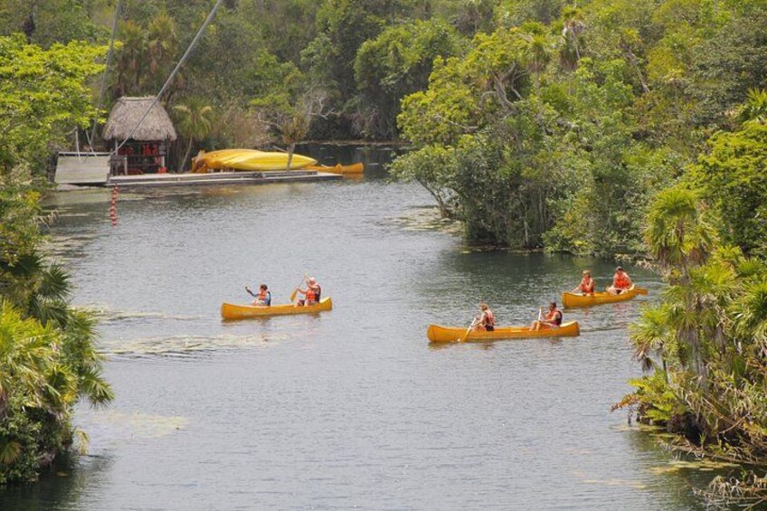 Menschen paddeln in einem Kanu auf einem Fluss, umgeben von üppiger Vegetation. 2