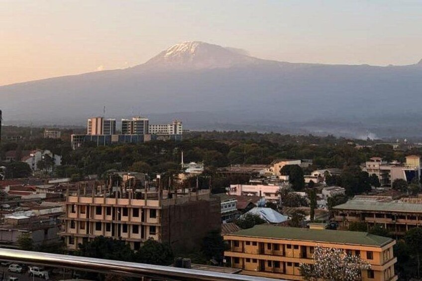 Un paisaje urbano con edificios y una montaña al fondo. 1