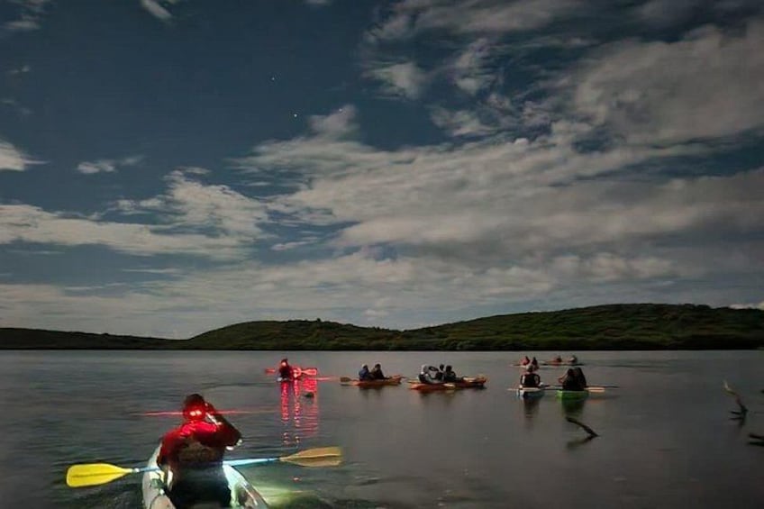 A group of people kayaking on a calm lake with a hilly landscape in the background. 2