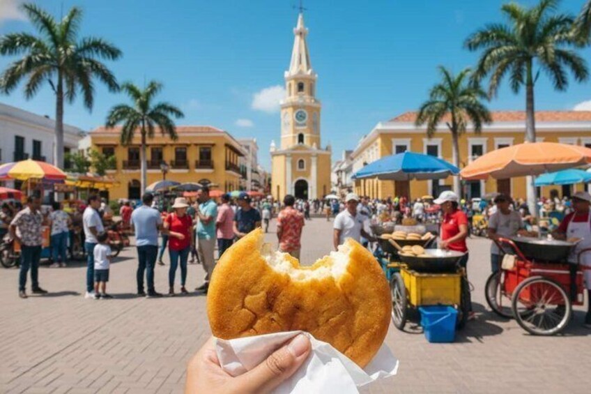 A hand holding a fried dough pastry in a busy outdoor market with people, stalls, and a clock tower in the background. 4