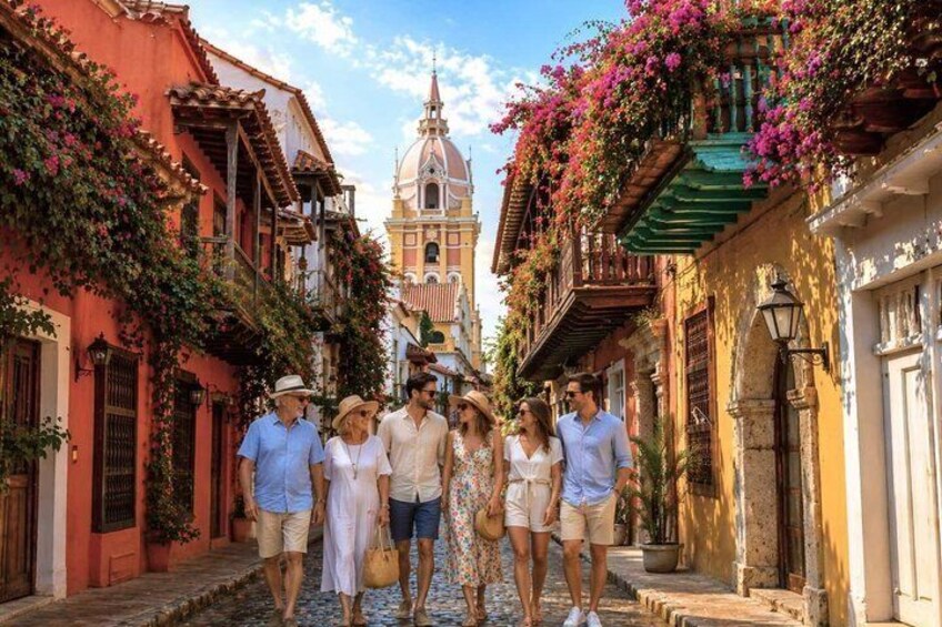 A cobblestone street lined with colorful buildings, a church with a dome, and people walking. 5