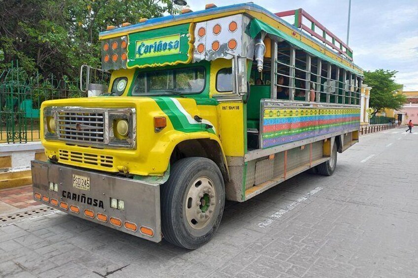 A colorful bus with 'Carinosa' written on the front, parked on a paved road. 4