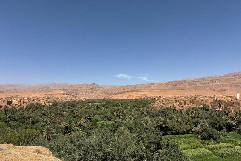 A desert landscape with a village, palm trees, and distant mountains. 2