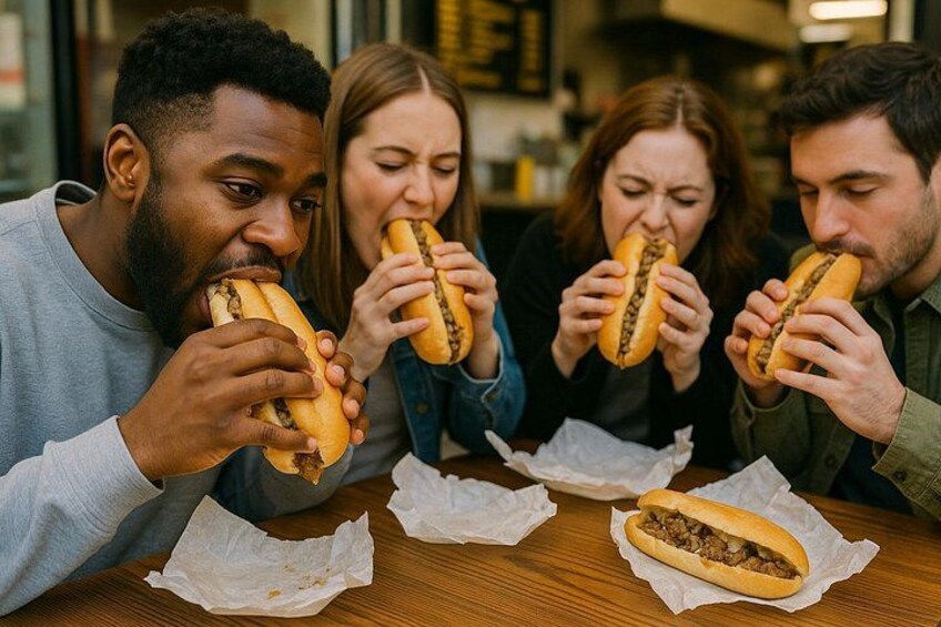 Four people sitting at a table eating hot dogs. 1