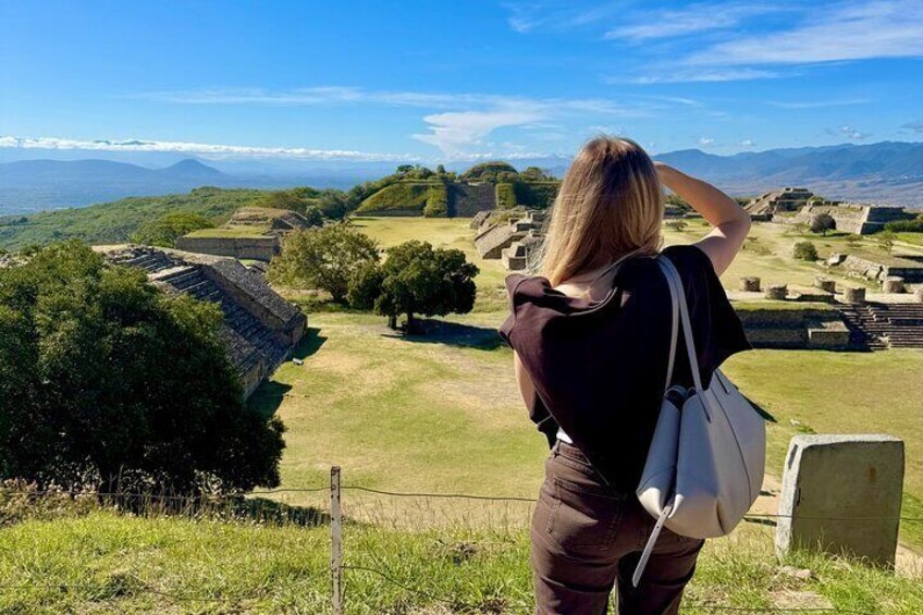 A person standing on a grassy hill overlooking ancient ruins and a distant mountain range. 1