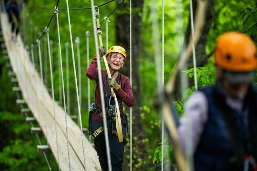 A person on a suspended bridge in a forest. 3