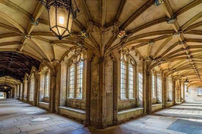 Interior de una catedral con techos abovedados, amplias ventanas y columnas de piedra. 3