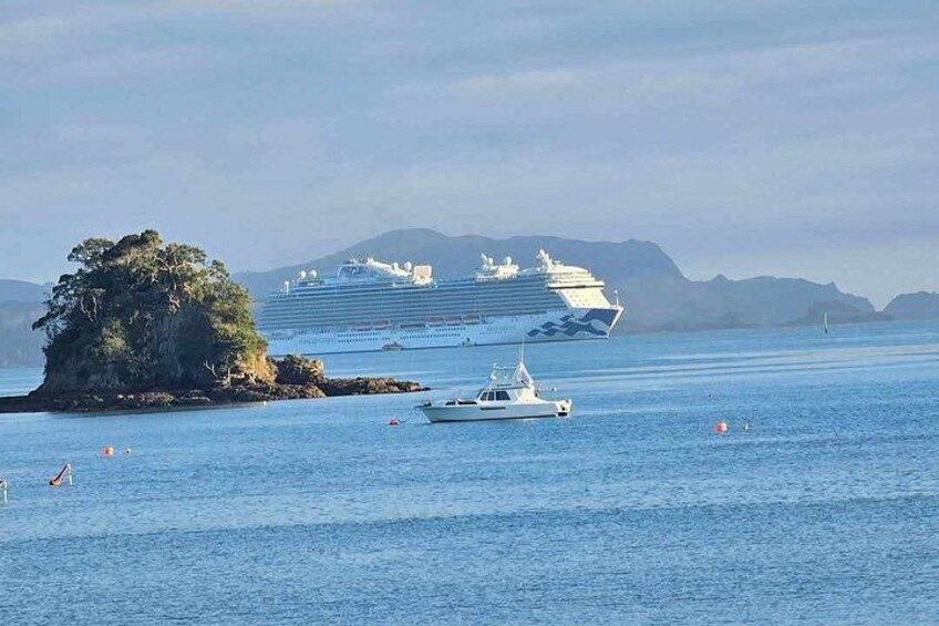 Un crucero, una embarcación pequeña y una isla rocosa en el agua. 3