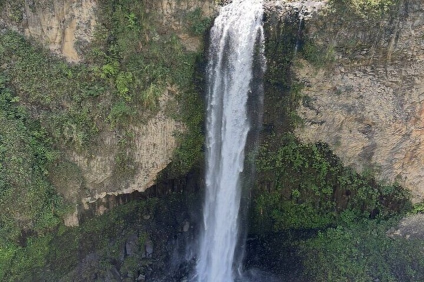 A waterfall cascading down a rocky cliff surrounded by lush greenery. 3