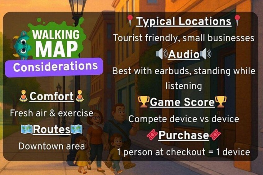 A walking map with considerations like comfort, routes, typical locations, audio, game score, and purchase options. 2