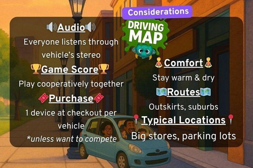 A vehicle parked in front of a building with a street lamp and a sign that reads 'DRIVING MAP'. 4