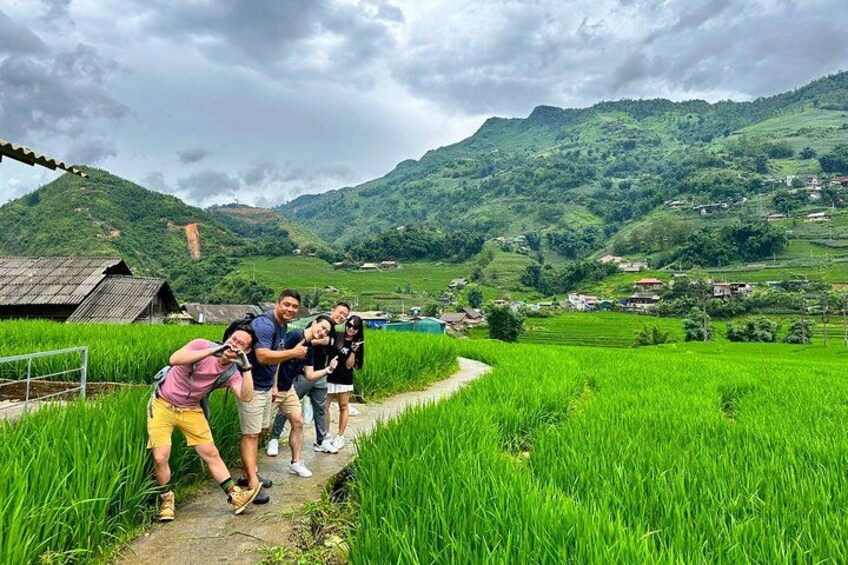 Un grupo de personas caminando por un sendero en un exuberante arrozal, con montañas al fondo. 2