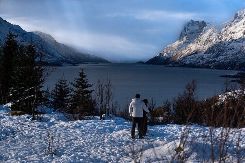 Ett snöigt landskap med en sjö, berg och en person som står vid vattnet. 5