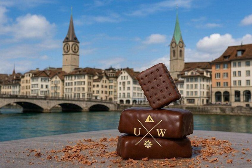 Une tablette de chocolat ornée du logo « U X W », une tablette de chocolat à motifs carrés et une tablette de chocolat à motifs floraux, devant une rivière, avec des bâtiments et un pont en arrière-plan. 2