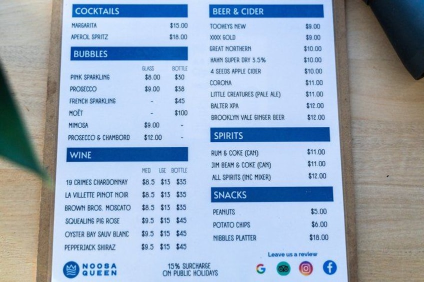 A menu with various drink options and prices. 3