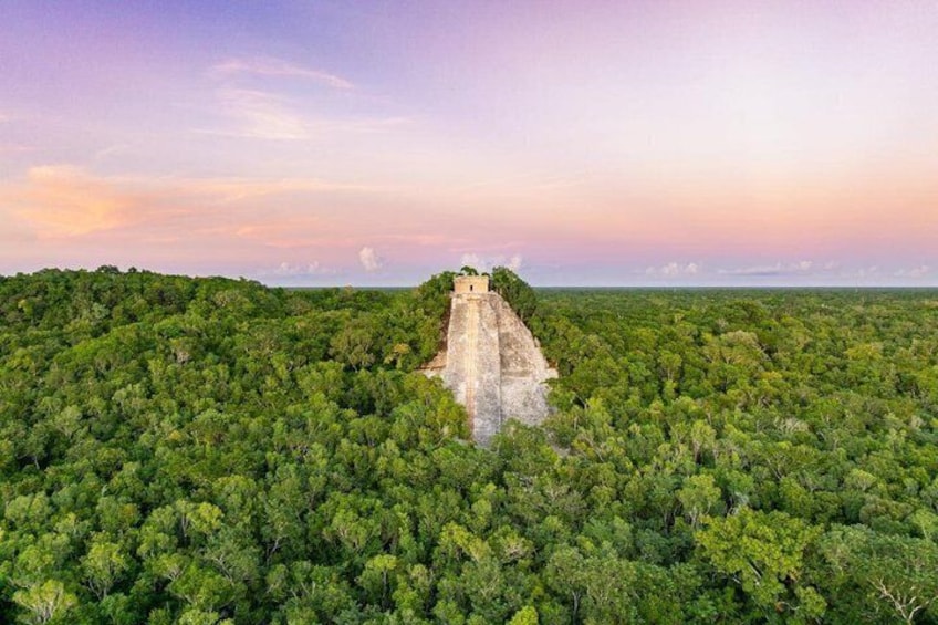 A large, isolated stone structure in a dense forest with a clear sky. 1