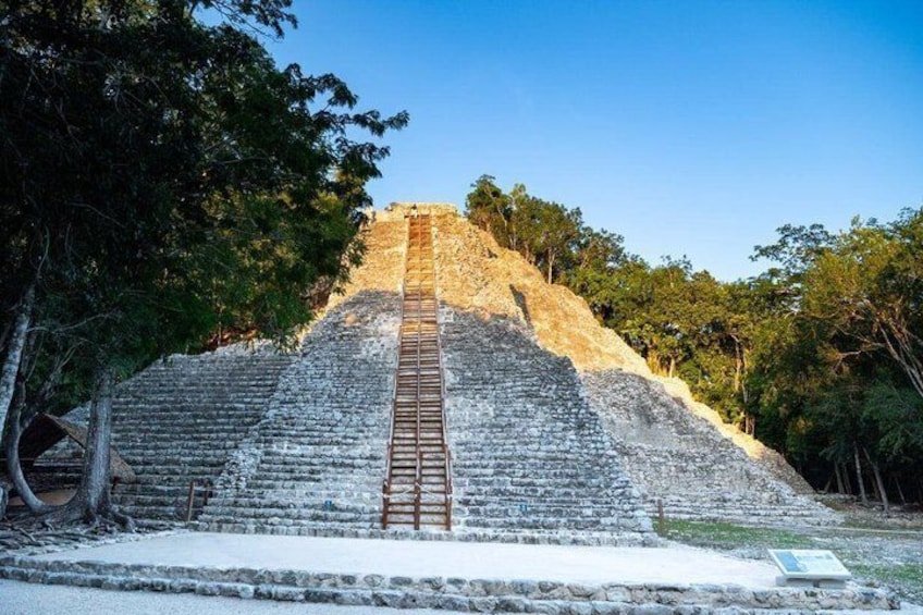 A pyramid with a staircase leading to the top, surrounded by trees. 5