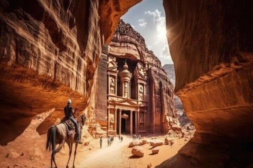 Een historisch gebouw met gedetailleerde houtsnijwerken, een paard en een smalle canyon doorgang. 1