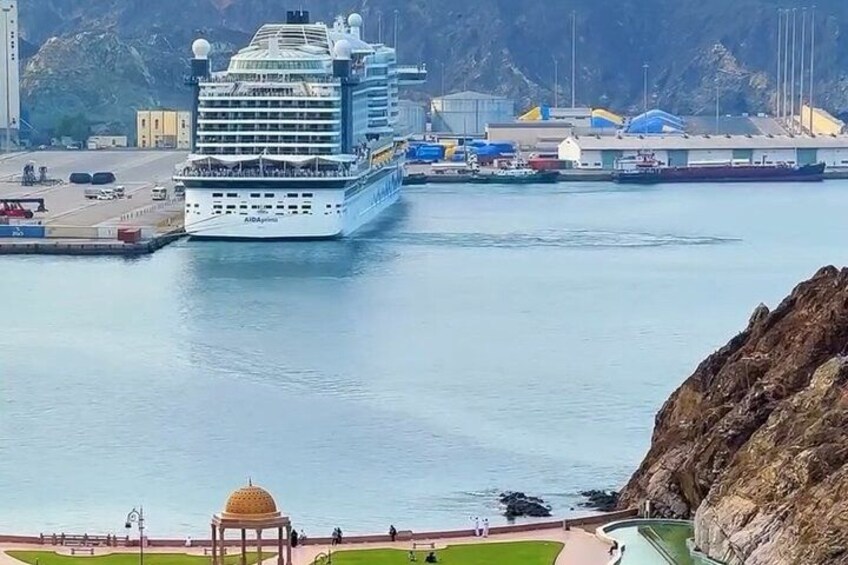 A cruise ship docked at a port with a rocky coastline and a dome-shaped structure in the foreground. 4