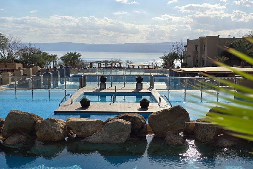 A swimming pool with a view of the sea, surrounded by rocks and palm trees. 4