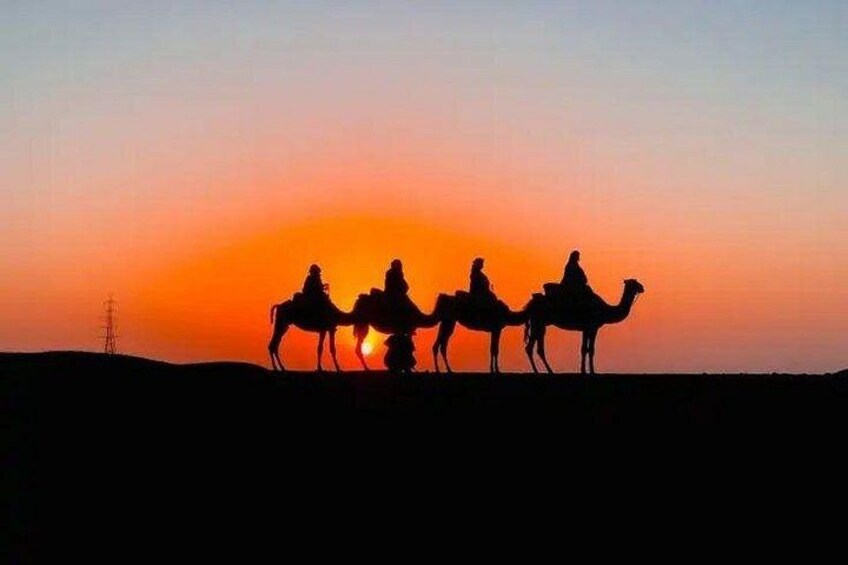 Silhouettes of people on camels against a sunset. 3