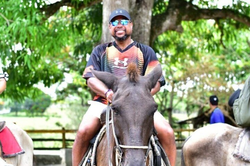A person riding a horse in an outdoor setting with trees and a fence in the background. 3