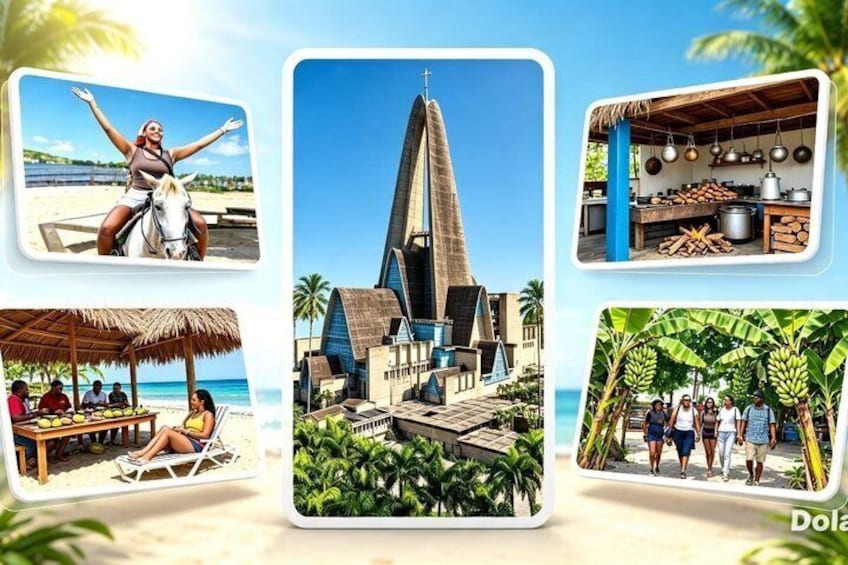 A beach scene with a woman on a horse, a tall structure, a market, a beach bar, and a group of people. 1