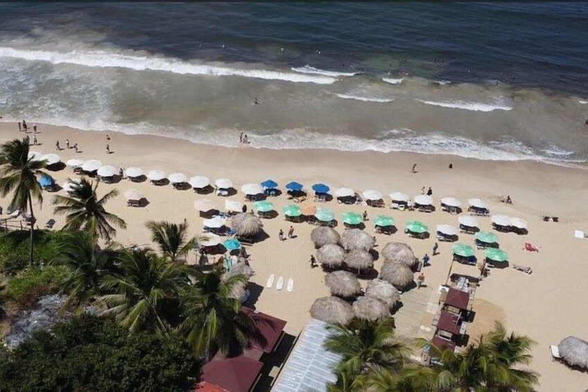 A beach with umbrellas, palm trees, and people. 3