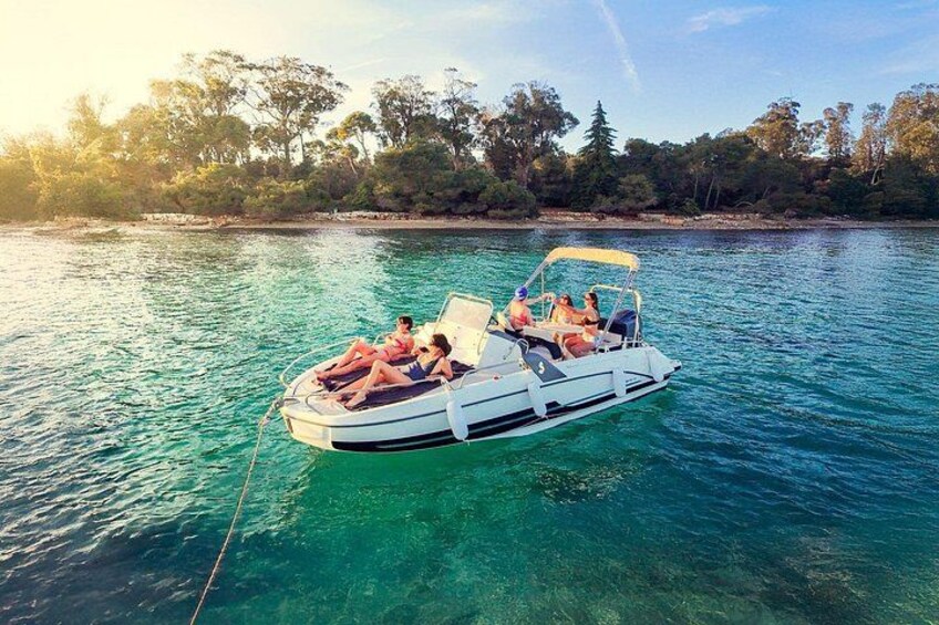 A small boat with people on a clear blue water body surrounded by trees. 1