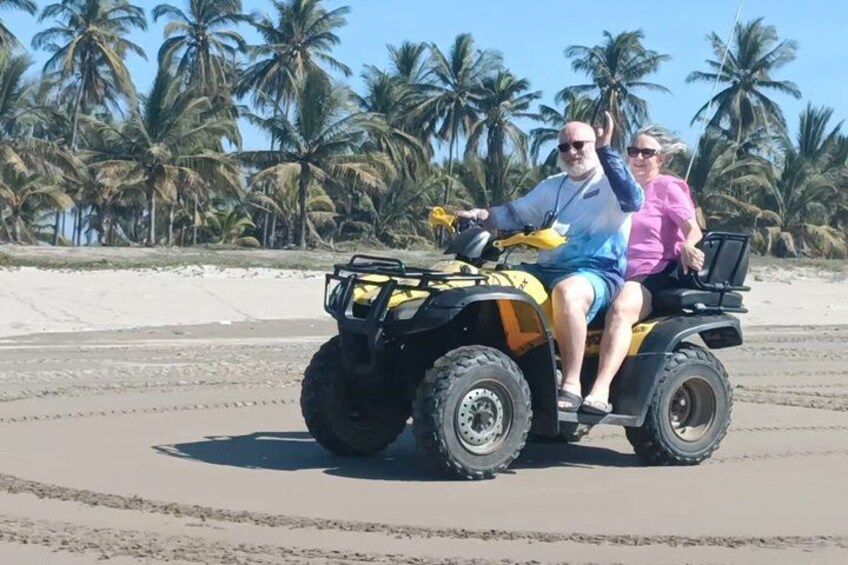 A person riding an ATV on a sandy beach with palm trees in the background. 3
